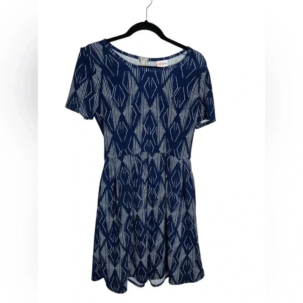 LuluRoe Dark Blue with white geometric design Dress with pockets Size Medium - Picture 2 of 5